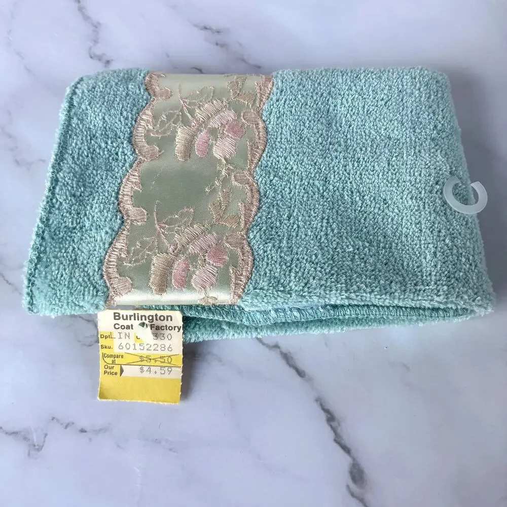 Vintage 1980s After Bath Luxury 4 Pc Towel Set Seafoam Floral Satin NOS